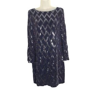 Jessica Howard Womens Evening Dress Faux Sequin Navy Silver Bell Sleeve Medium